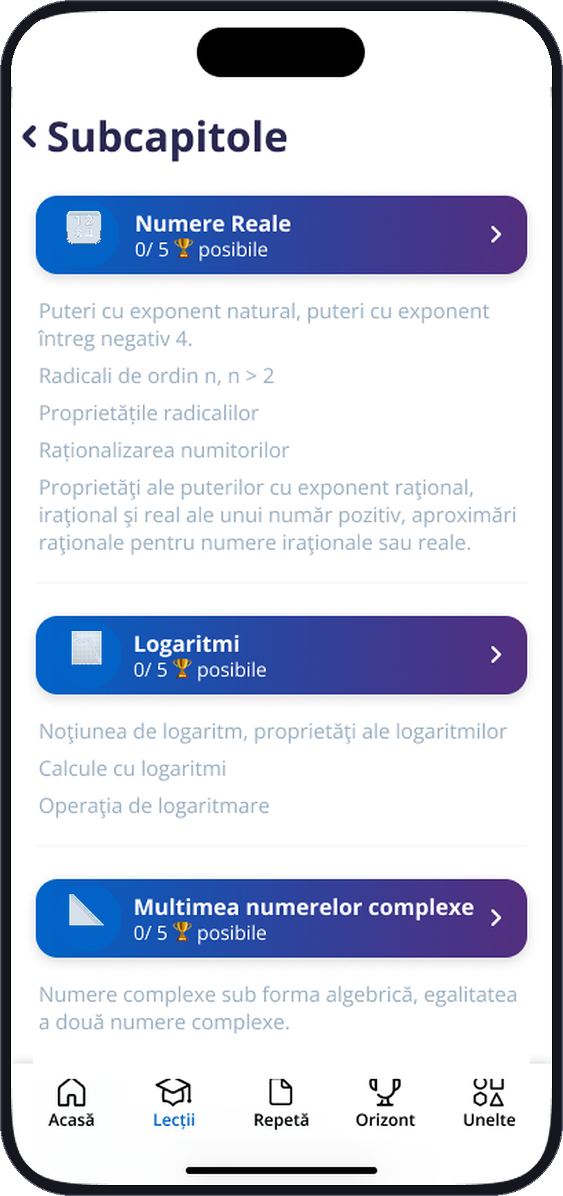 Subcapitolele unei materii în BacUp